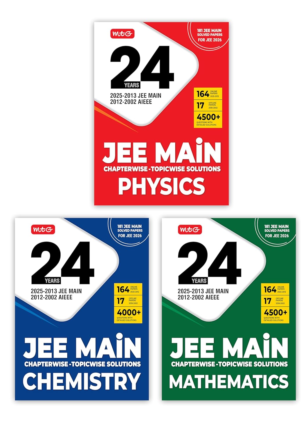 MTG 24 Years JEE MAIN (2025-2002) Chapterwise Topicwise Previous Years Solved Papers Physics, Chemistry & Mathematics PYQ Book For 2026 Exam | 181 JEE Main ONLINE & OFFLINE Papers (Set of 3)