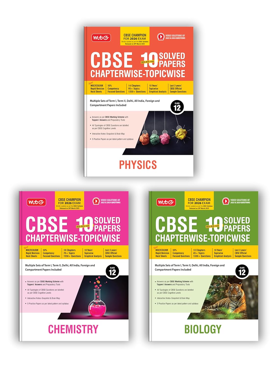 MTG CBSE 10 Years (2025-2016) Chapterwise Topicwise Solved Papers Class 12 Physics, Chemistry & Biology (Set of 3 Books) - CBSE Champion For 2026 Exam ... Solution of PYQs (As Per Latest Pattern)