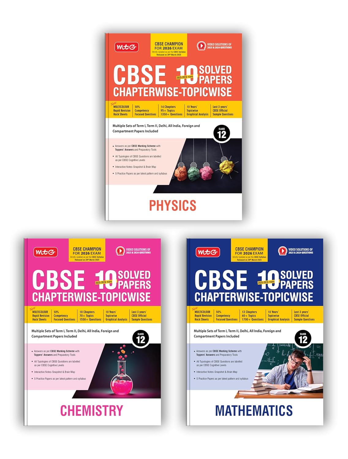 MTG CBSE 10 Years (2025-2016) Chapterwise Topicwise Solved Papers Class 12 Physics, Chemistry & Mathematics (Set of 3 Books) - CBSE Champion For 2026 ... Solution of PYQs (As Per Latest Pattern)