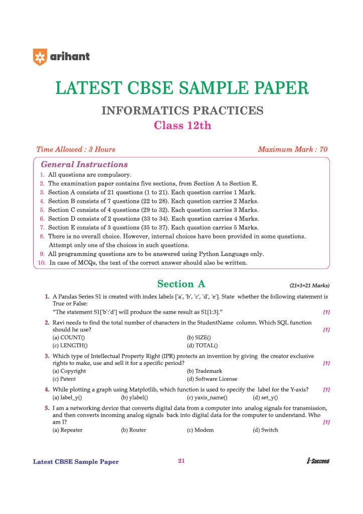 Arihant i-Succeed CBSE Sample Papers 2027 Class 12 Informatics Practices | 15 Sample Question Papers | Colour-Coded Revision Cheat Sheets | Toppers Copy with Expert Insights | Free Super Power Kit
