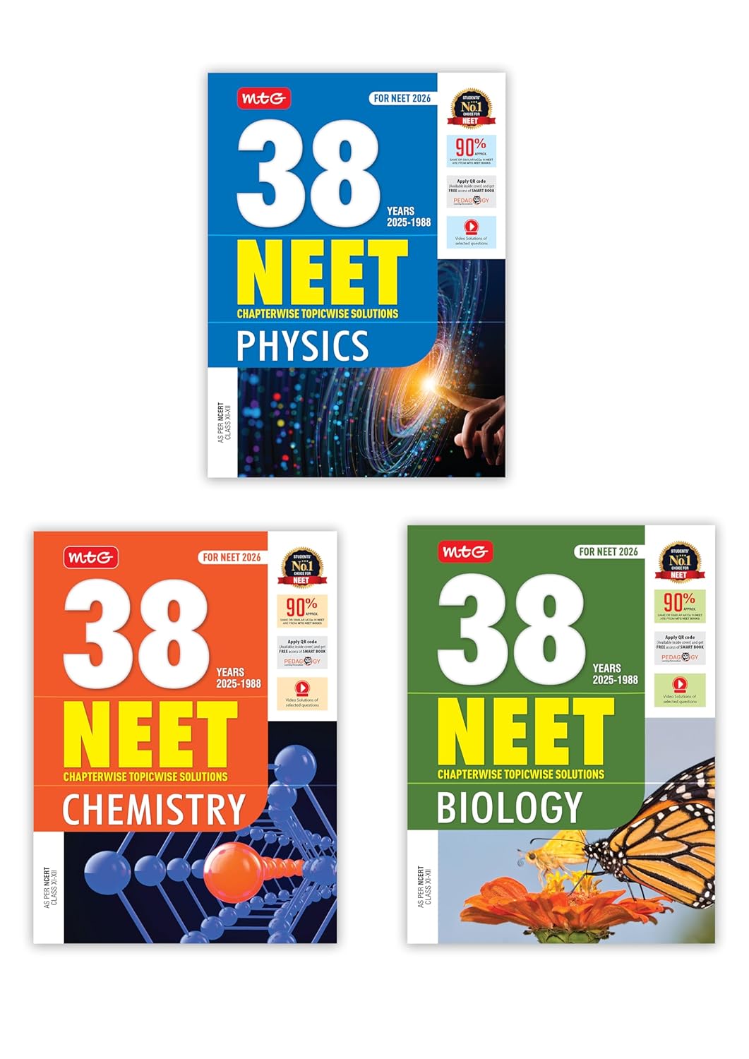 MTG 38 Years NEET Previous Year Solved Question Papers Physics, Chemistry & Biology PYQs Chapterwise Topicwise Solutions For 2025-2026 Exam (Set of 3 ... Free access of Video Solutions & Smart Book