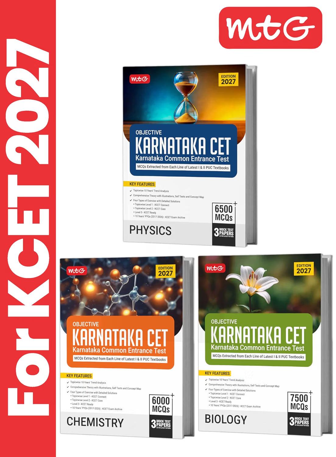 MTG Objective Karnataka CET Physics, Chemistry & Biology For 2027 Exam (Set of 3 Books) | Topicwise Comprehensive Theory with 10 Years KCET PYQs & Mock Test Papers