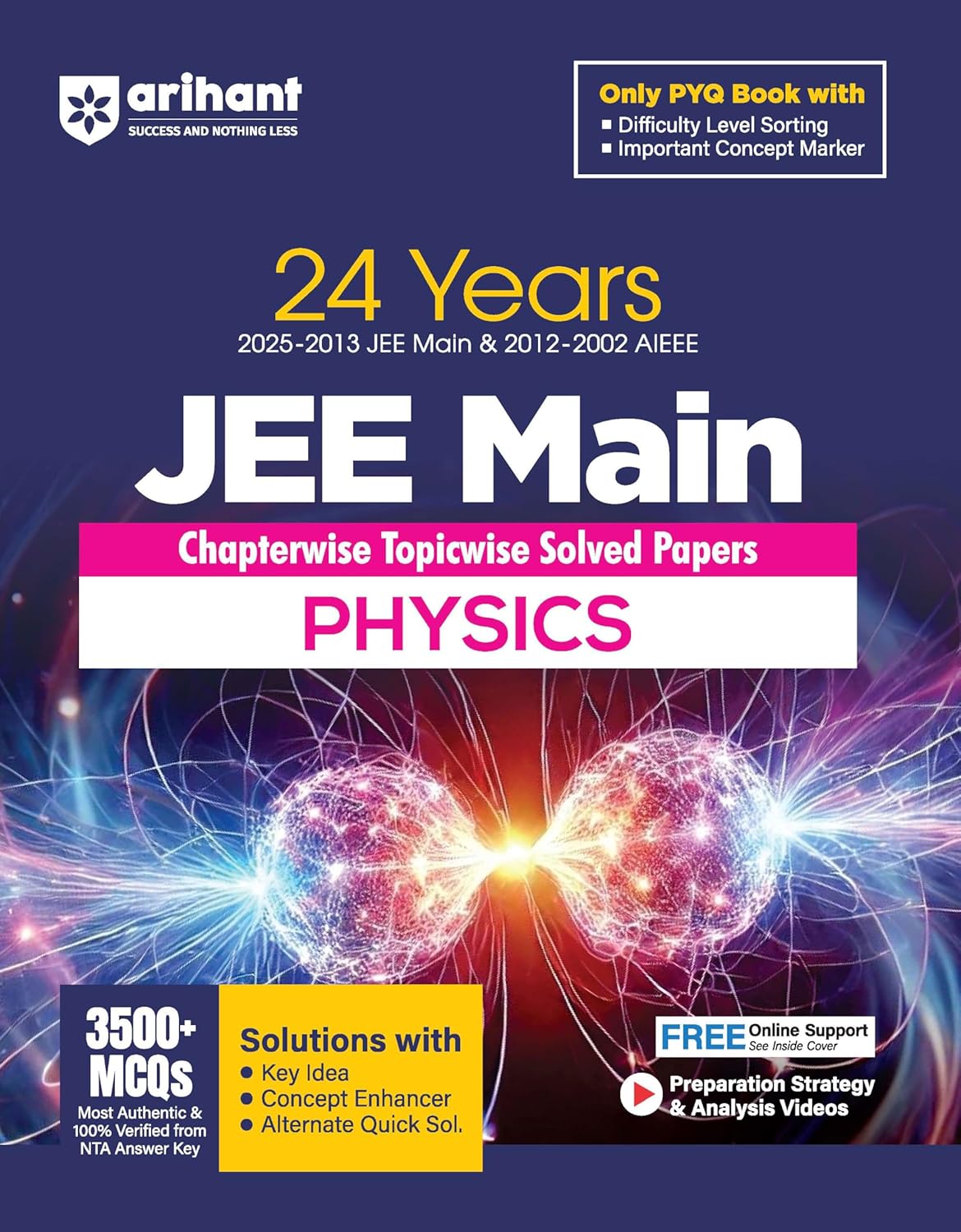 Arihant 24 Years JEE Main Physics Chapterwise Topicwise PYQ with 3500+ MCQ |Verified Answer by NTA, Solution with Key Idea, Concept Enhancer and Alternate Solutions and Difficulty Level Sorting of PYQ | For exam 2025-26