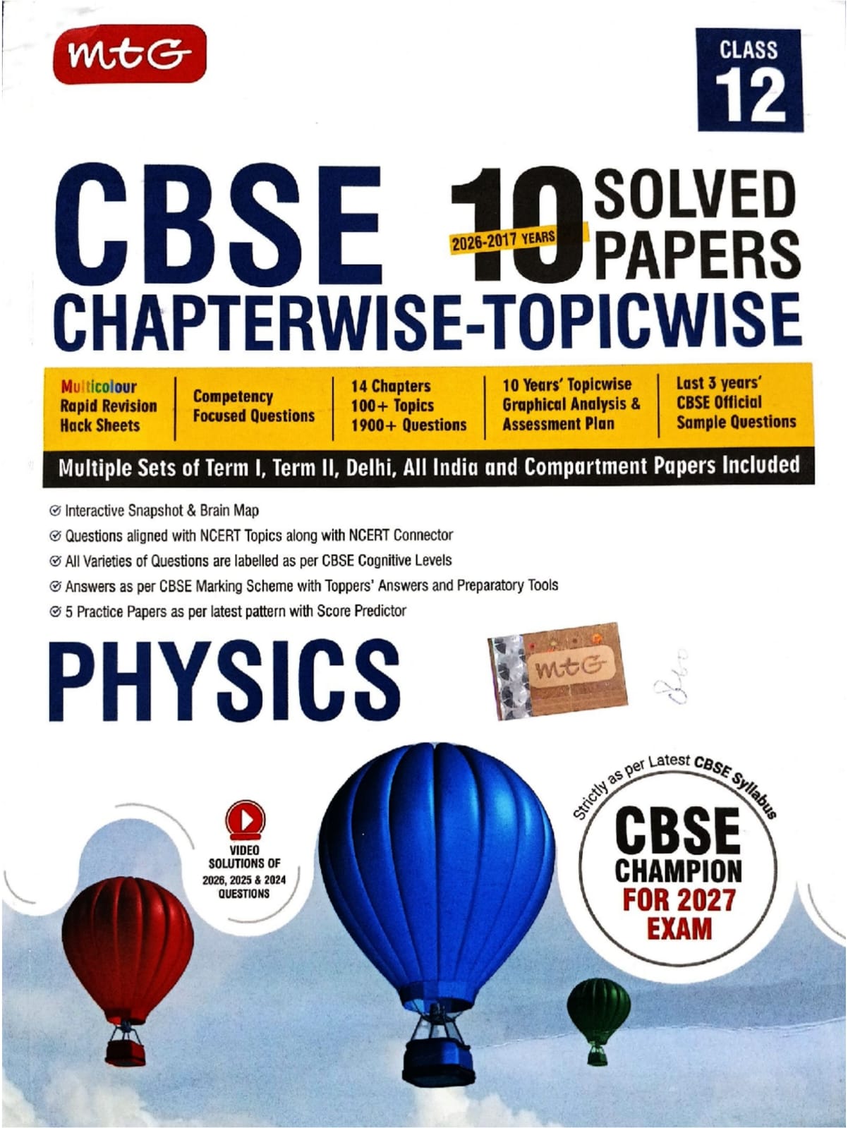 MTG CBSE 10 Years (2025-2016) Chapterwise Topicwise Solved Papers Class 12 Physics - CBSE Champion For 2026 Exam | Free Video Solution of PYQs | CBSE Sample Papers (As Per Latest Pattern)