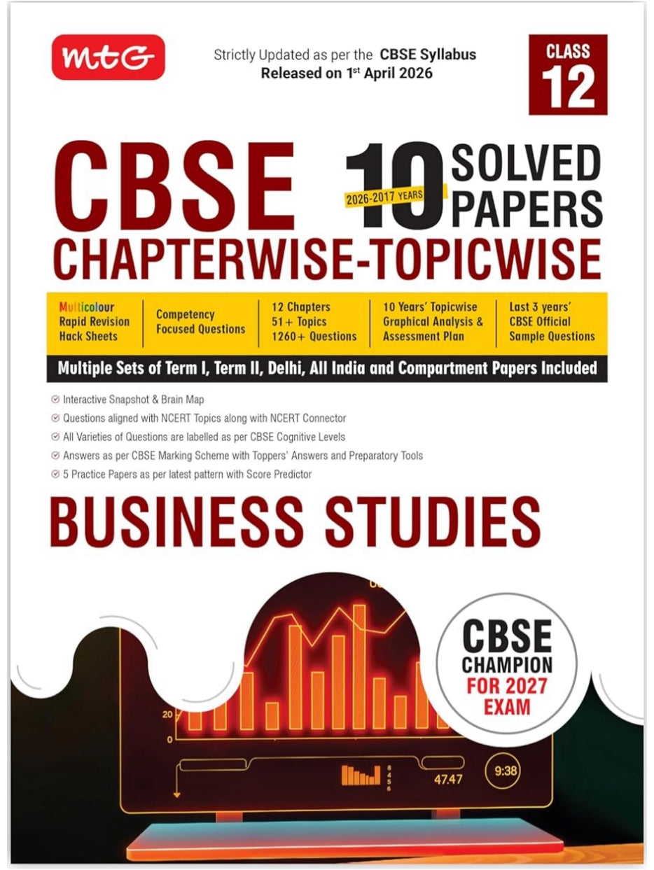 MTG CBSE Class 12 PYQs Book | 10 Years (2026-2017) Chapterwise Topicwise Solved Papers Class 12 Business Studies - CBSE Champion For 2027 Exam | CBSE Sample Papers (As Per Latest Pattern)