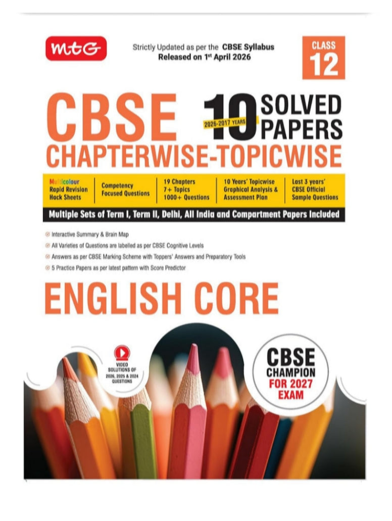 MTG CBSE Class 12 PYQs Book | 10 Years (2025-2016) Chapterwise Topicwise Solved Papers Class 12 English Core - CBSE Champion For 2026 Exam | Free ... | CBSE Sample Papers (As Per Latest Pattern)