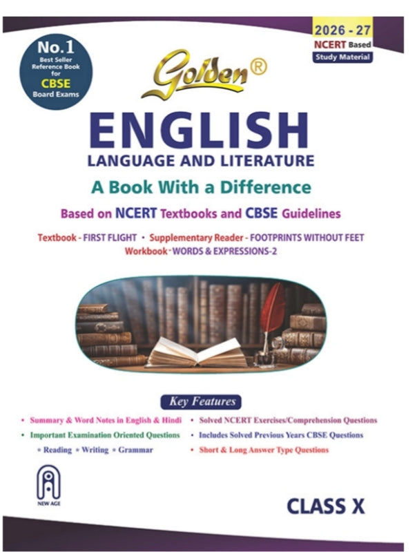 Golden English Language and Literature Study Material Based on NCERT First Flight and Footprints without Feet for Class-10 | For CBSE 2026 Board Exams | Solved NCERT Exercises | Previous Board Paper