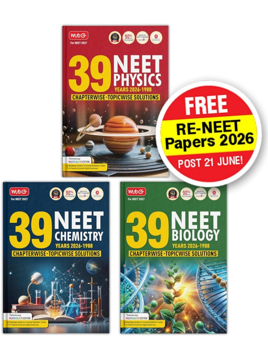 MTG NEET PYQ 39 Years Physics, Chemistry & Biology Book For 2026-2027 Exam (Set of 3) | Chapterwise Topicwise Solved Question Papers | Free Video Solutions | AI Powered Digital Resource