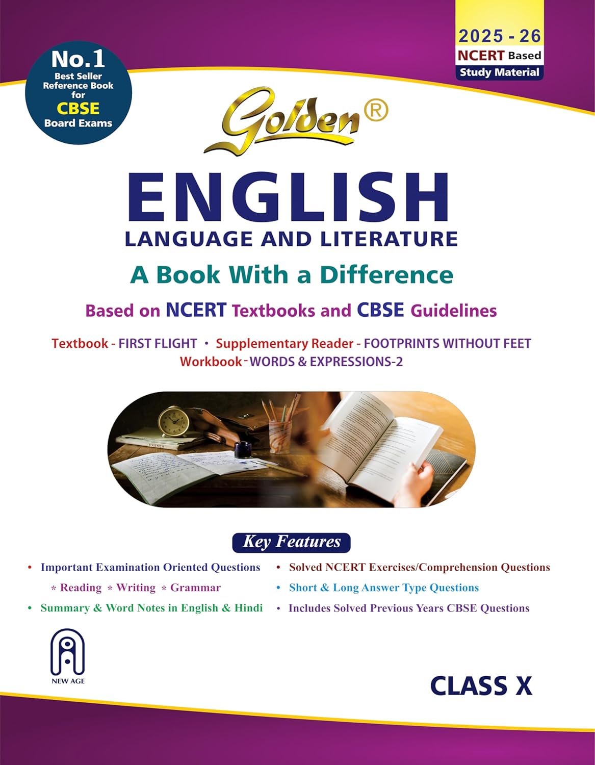 Golden English Language and Literature Study Material Based on NCERT First Flight and Footprints without Feet for Class-10 | For CBSE 2026 Board Exams | Solved NCERT Exercises | Previous Board Paper