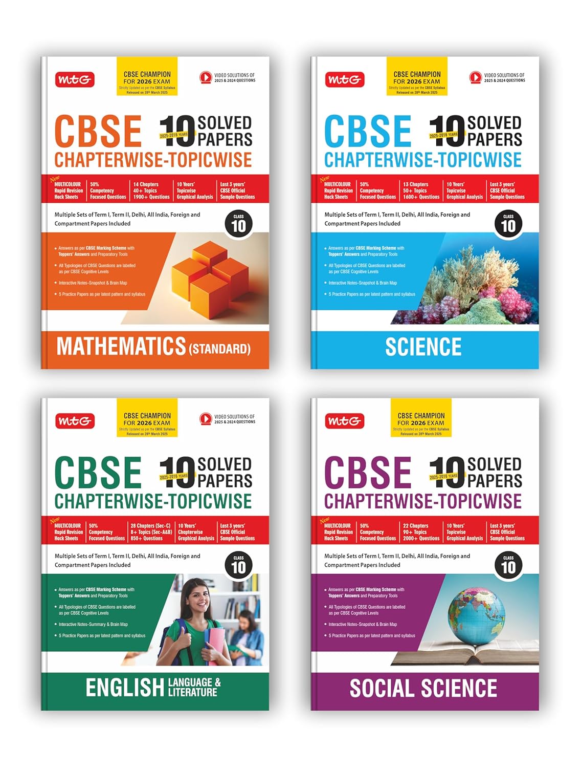 MTG CBSE 10 Years (2025-2016) Chapterwise Topicwise Solved Papers With Sample Paper Class 10 Science, Mathematics Standard, English & Social-Science ... For 2026 Exam | Free Video Solution of PYQs