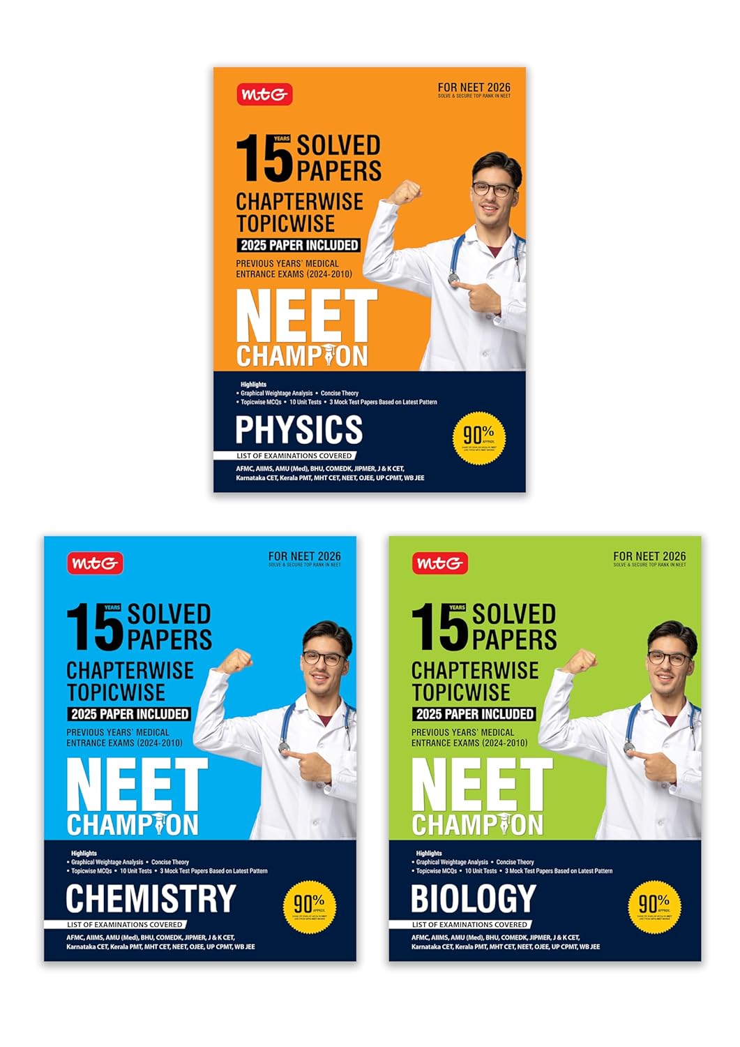 MTG NEET Champion Physics, Chemistry, Biology (Set of 3) | 15 Years Chapterwise Topicwise Solved Papers (PYQ Book) With Medical Entrance Questions For 2026 Exam