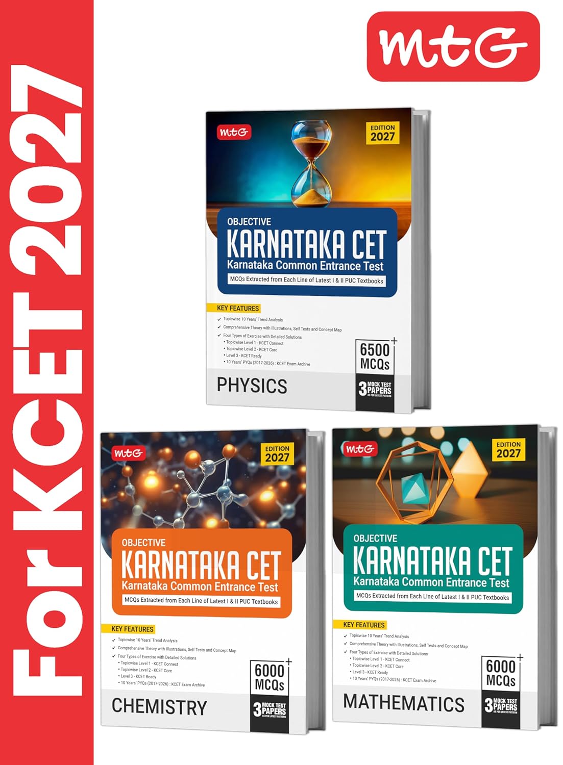 MTG Objective Karnataka CET Physics, Chemistry & Mathematics For 2027 Exam (Set of 3 Books) | Topicwise Comprehensive Theory with 10 Years KCET PYQs & Mock Test Papers